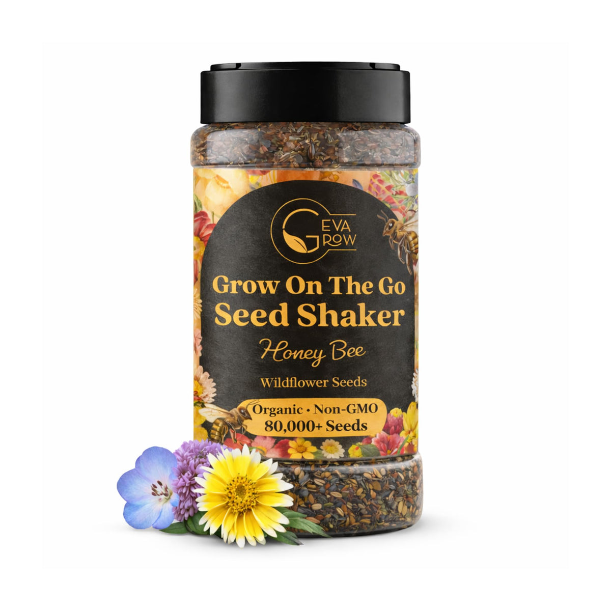 GevaGrow Mini Wildflower Seed Shaker in pots and packaging for easy planting