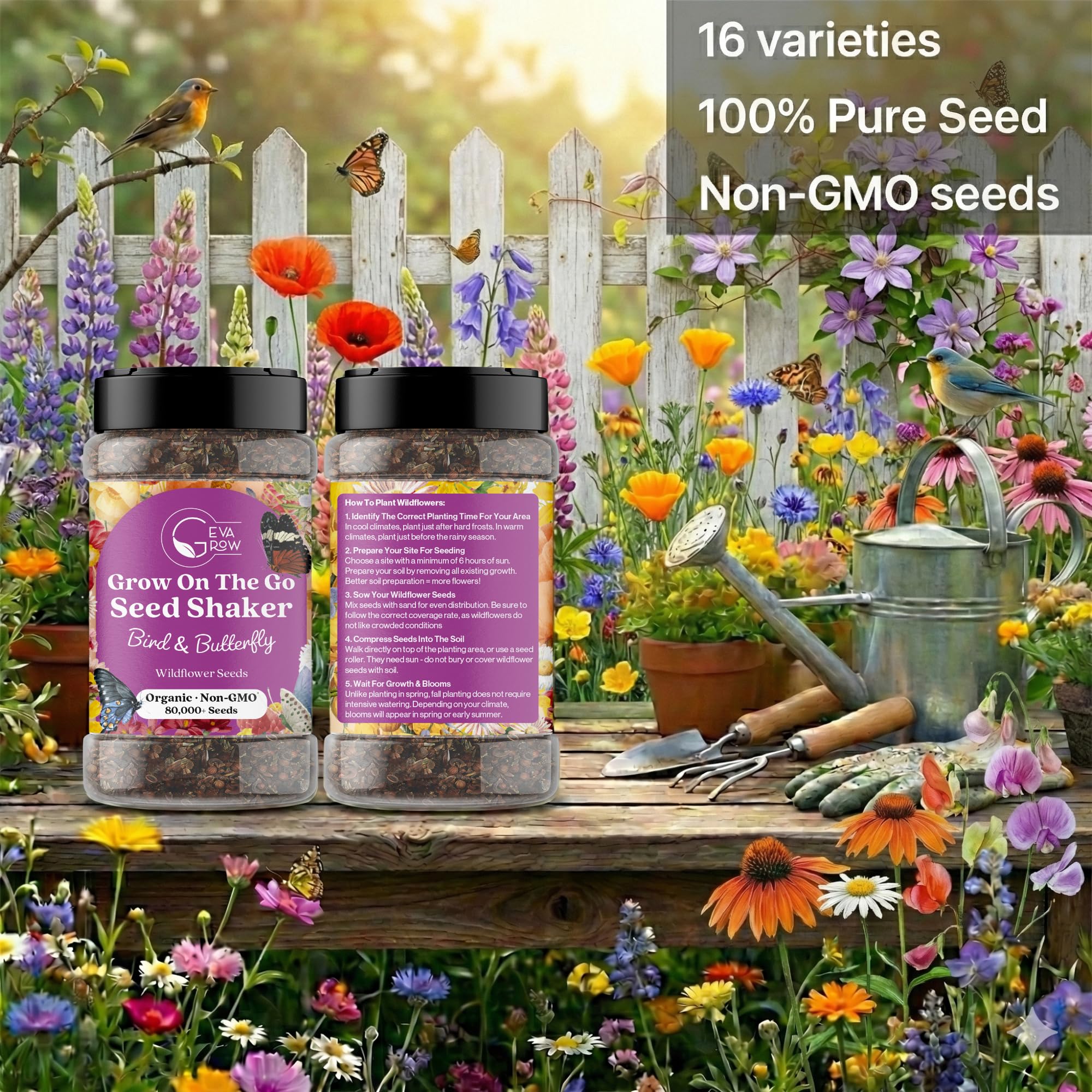 GevaGrow seed shaker disperses seeds evenly for quick garden color.