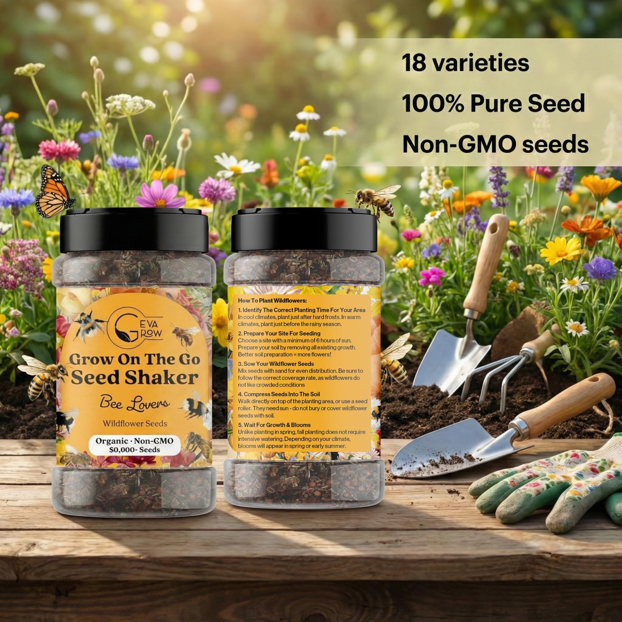 GevaGrow Seed Shaker pouring seeds for a colorful, pollinator-friendly patio garden.