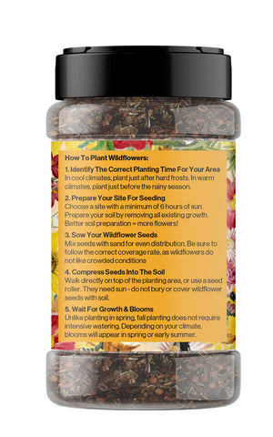 GevaGrow wildflower seeds spread across soil for a bee-friendly garden bed.