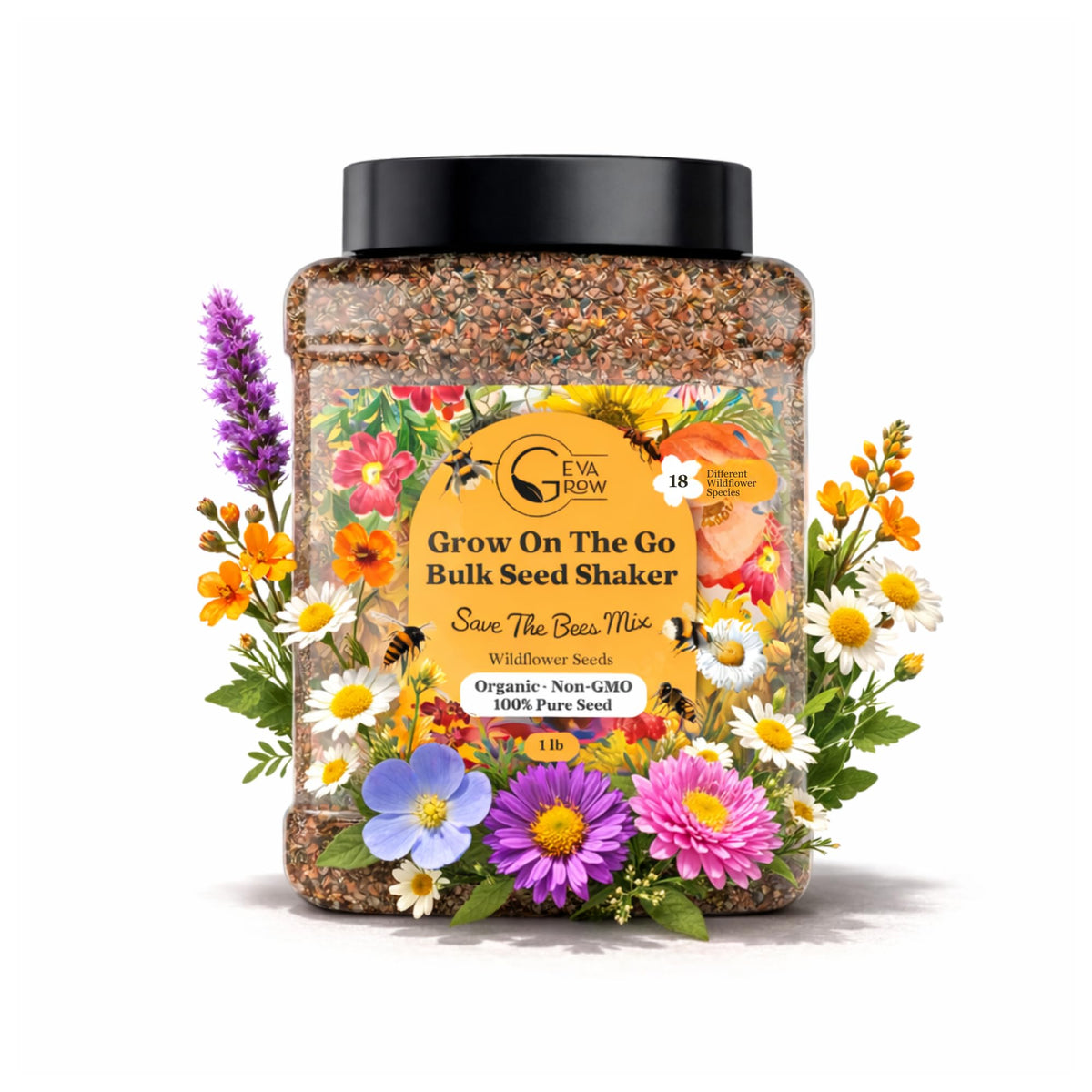 GevaGrow Wildflowers Seed Mix tub 1lb ready for planting to attract pollinators.