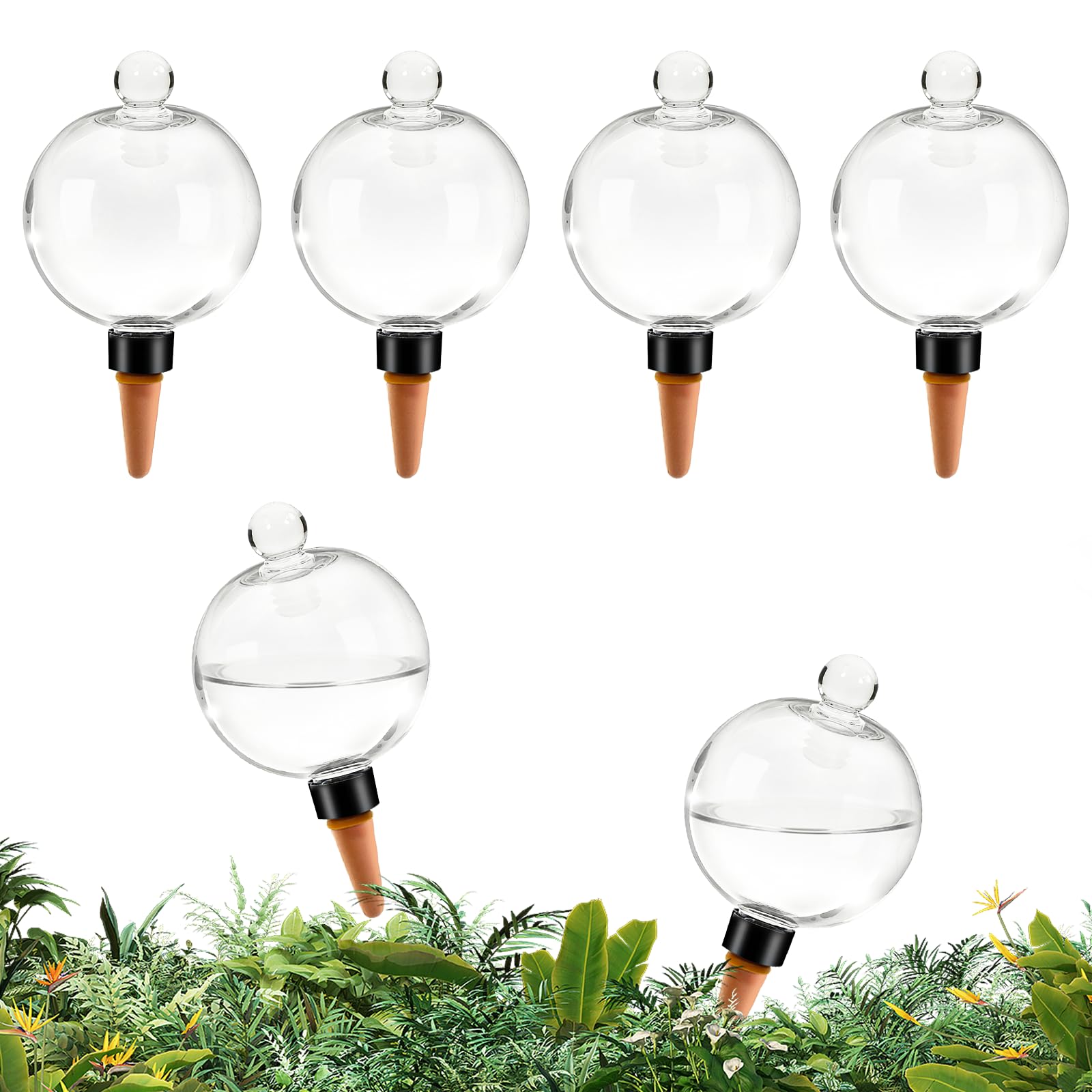 GEWOSI self-watering globes with covers; top-fill design for easy refills.