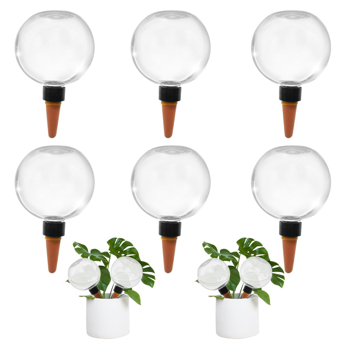 GEWOSI self-watering globes in pots provide ongoing hydration for indoor plants.