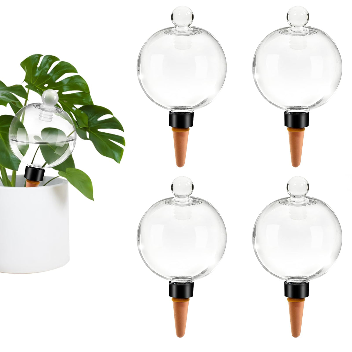 GEWOSI self-watering globes cap-in-pot maintain steady moisture for indoor plants.