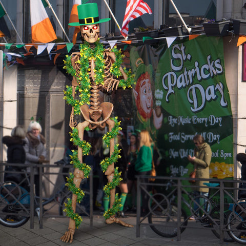 Geyoga St Patrick's display idea for 12 ft skeleton outdoors.
