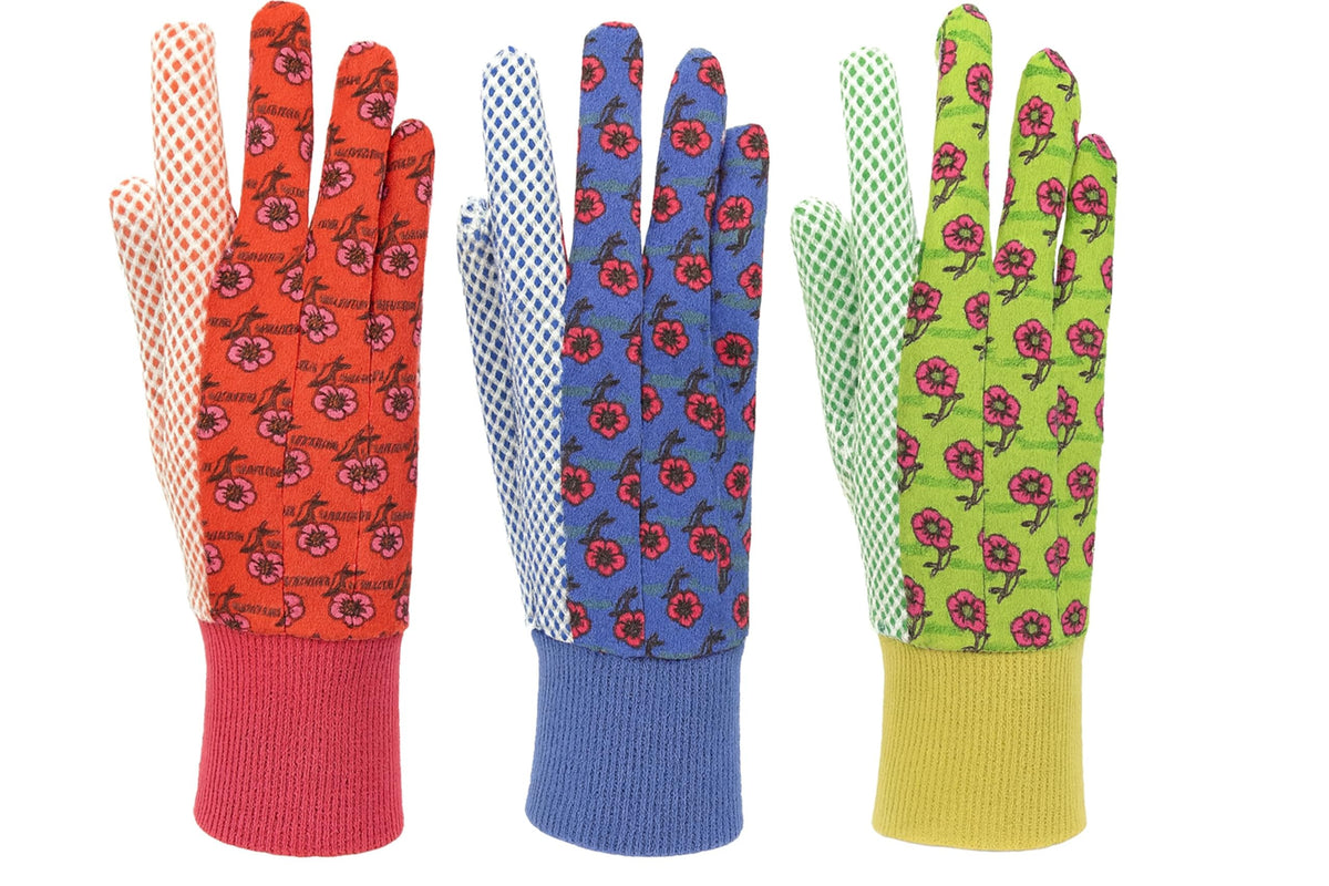 G & F Products 1852-3 gloves in green floral print for comfortable gardening.