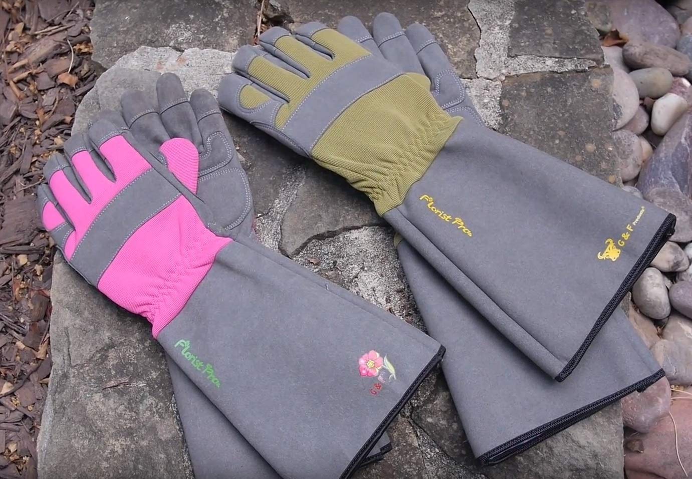 G & F Florist Pro gloves rose pruning scene shows dexterity and control.