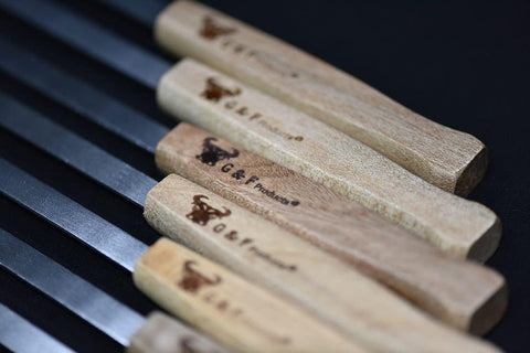 G & F Products 17-inch flat blade skewers close-up highlights even cooking control.