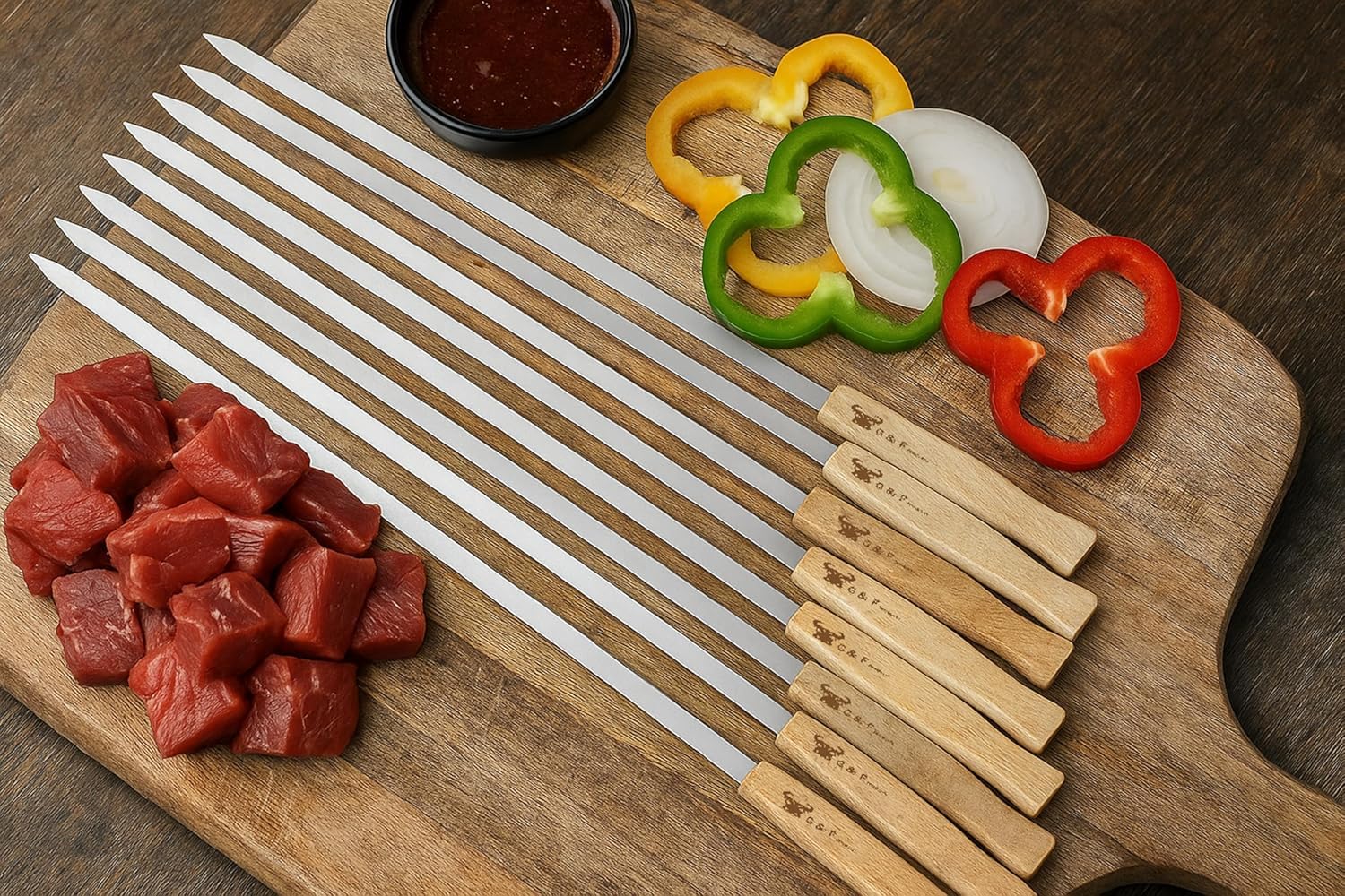 G & F Products skewers in action with meat and vegetables for kebabs.