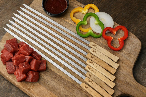 G & F Products skewers in action with meat and vegetables for kebabs.