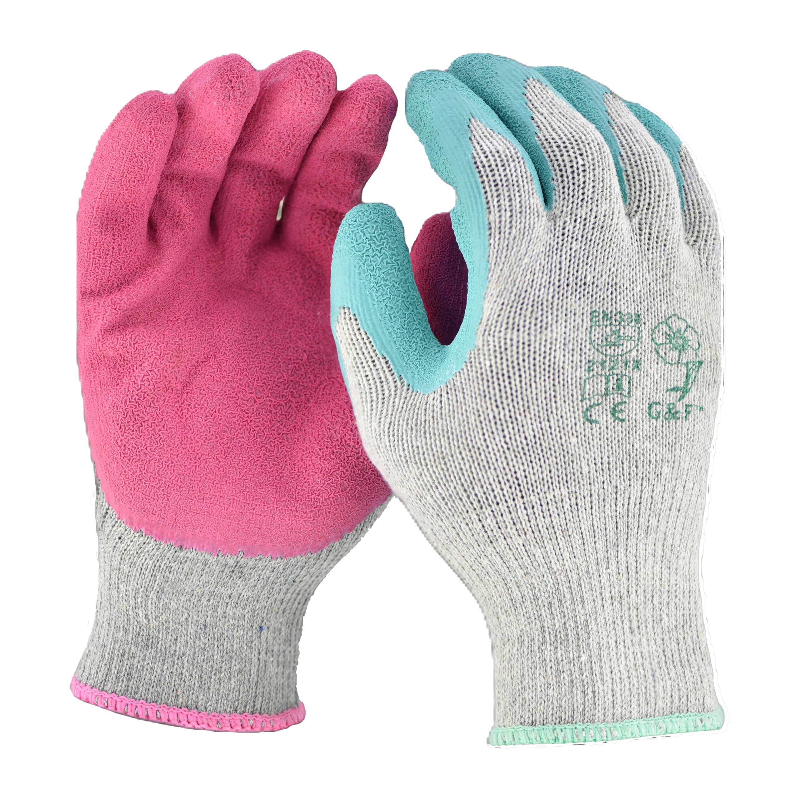 G & F rose-pink gloves showing non-slip grip for precise weeding.