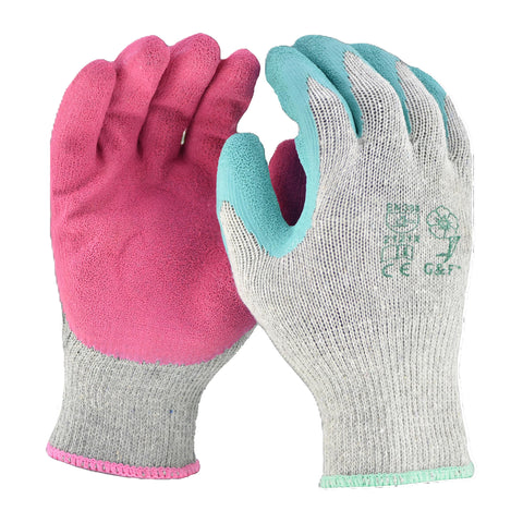 G & F rose-pink gloves showing non-slip grip for precise weeding.