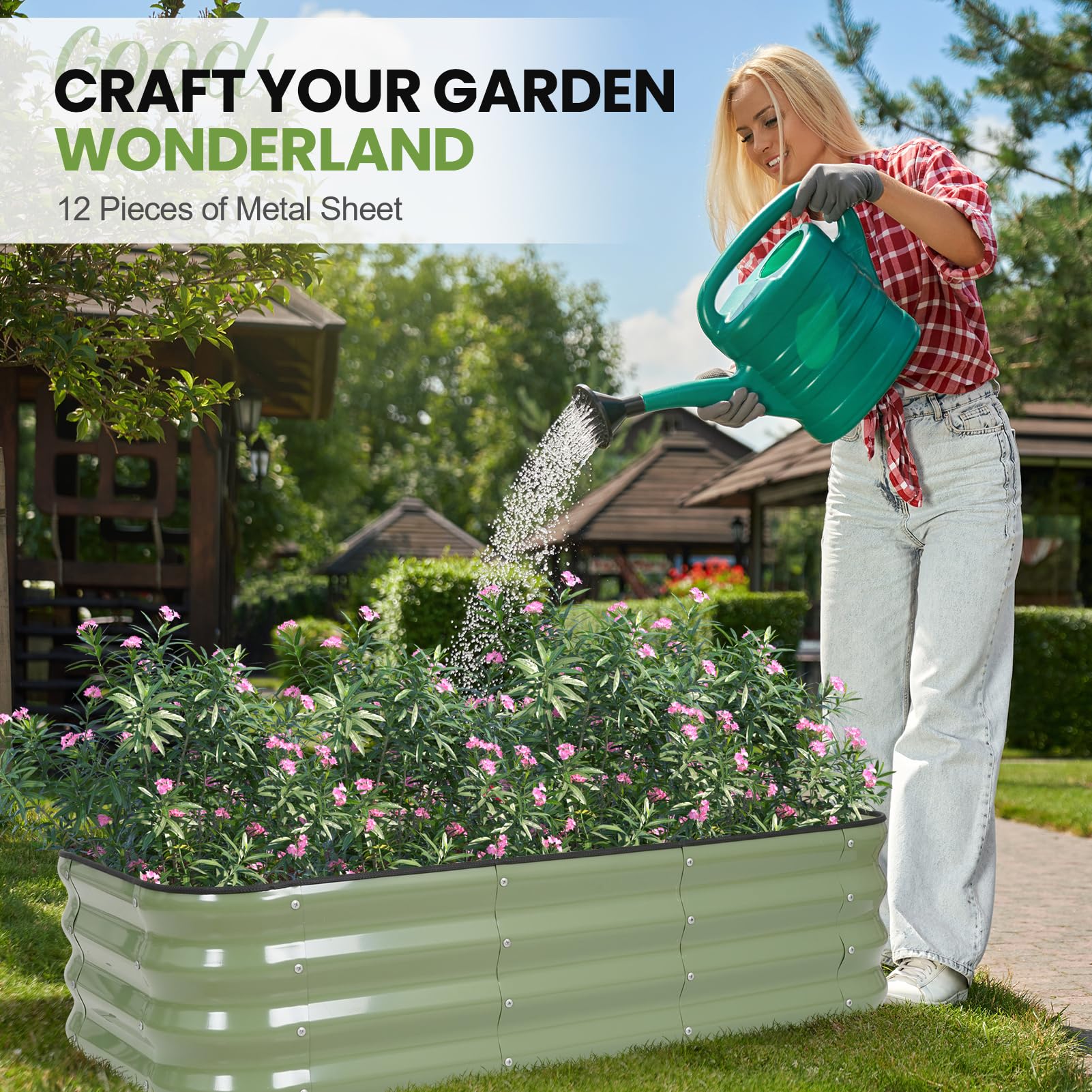 G GOOD GAIN galvanized steel planter box with rust-resistant coating for outdoor longevity.