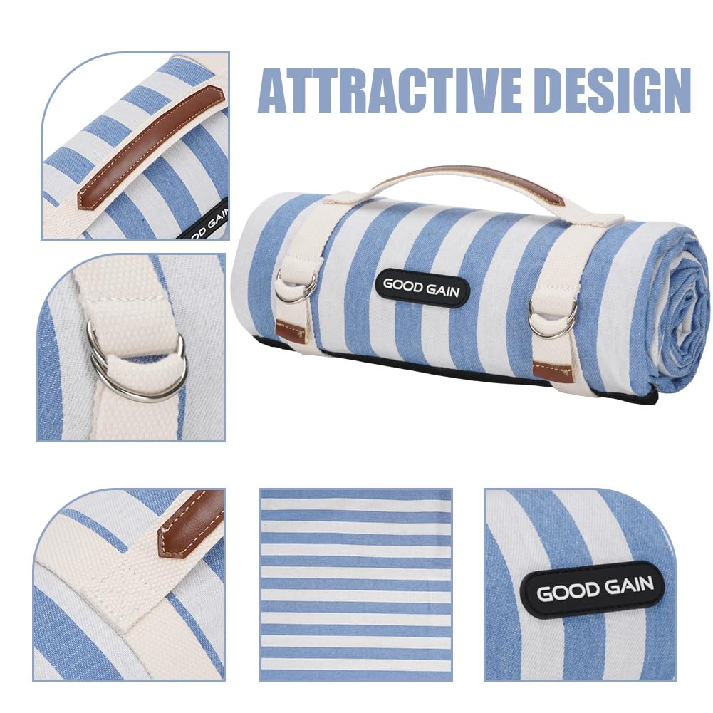 Cerulean blue G GOOD GAIN blanket folded compactly for travel