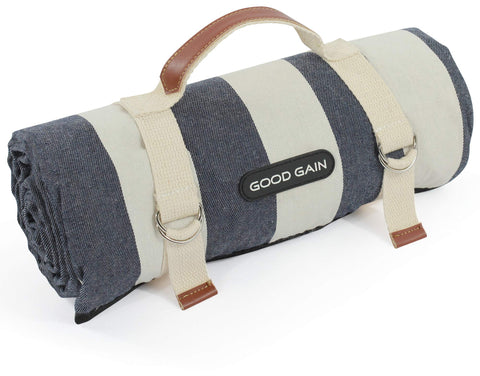 G GOOD GAIN denim blue picnic blanket with easy carry handle straps