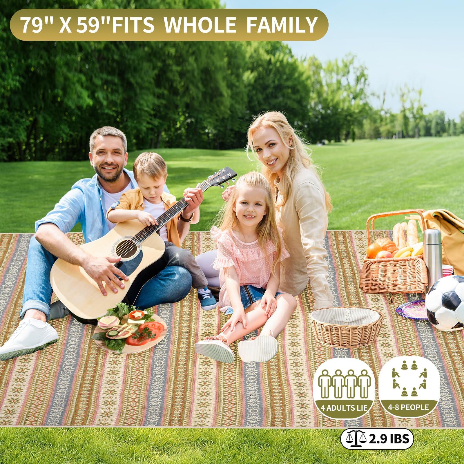 G GOOD GAIN picnic blanket shoulder-strap enables hands-free transport.