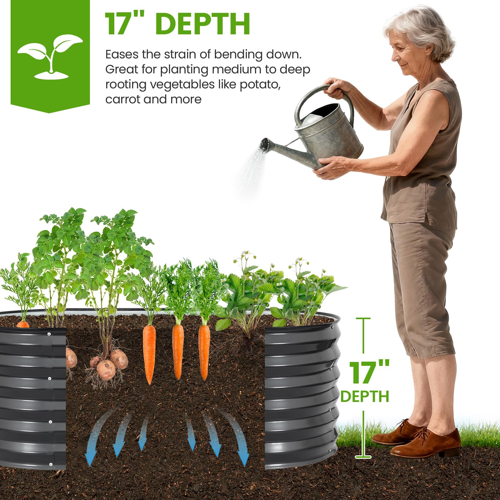 G GOOD GAIN open-bottom raised bed demonstrates drainage for healthy roots.