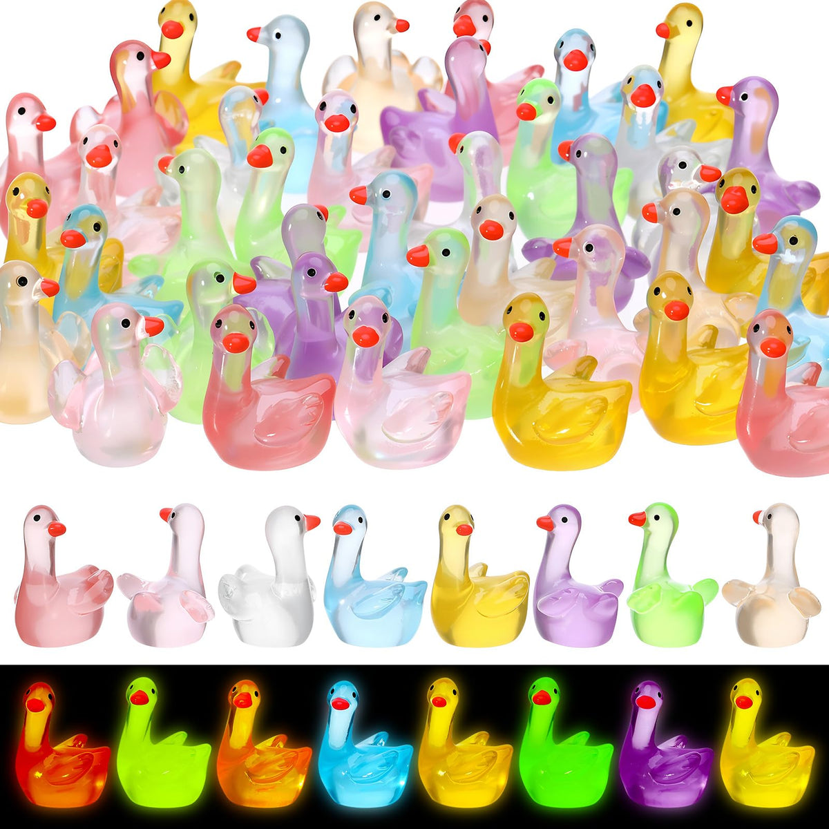 GGSTDDUP 80-piece mini goose figurines glow in the dark for playful decor.