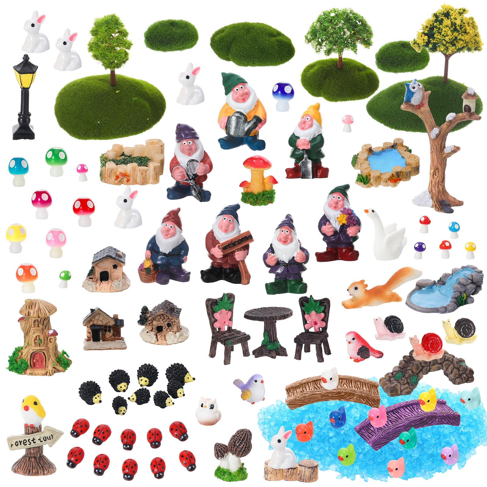 GGSTDDUP 82-pcs fairy garden set with colorful miniatures for terrariums and pots.