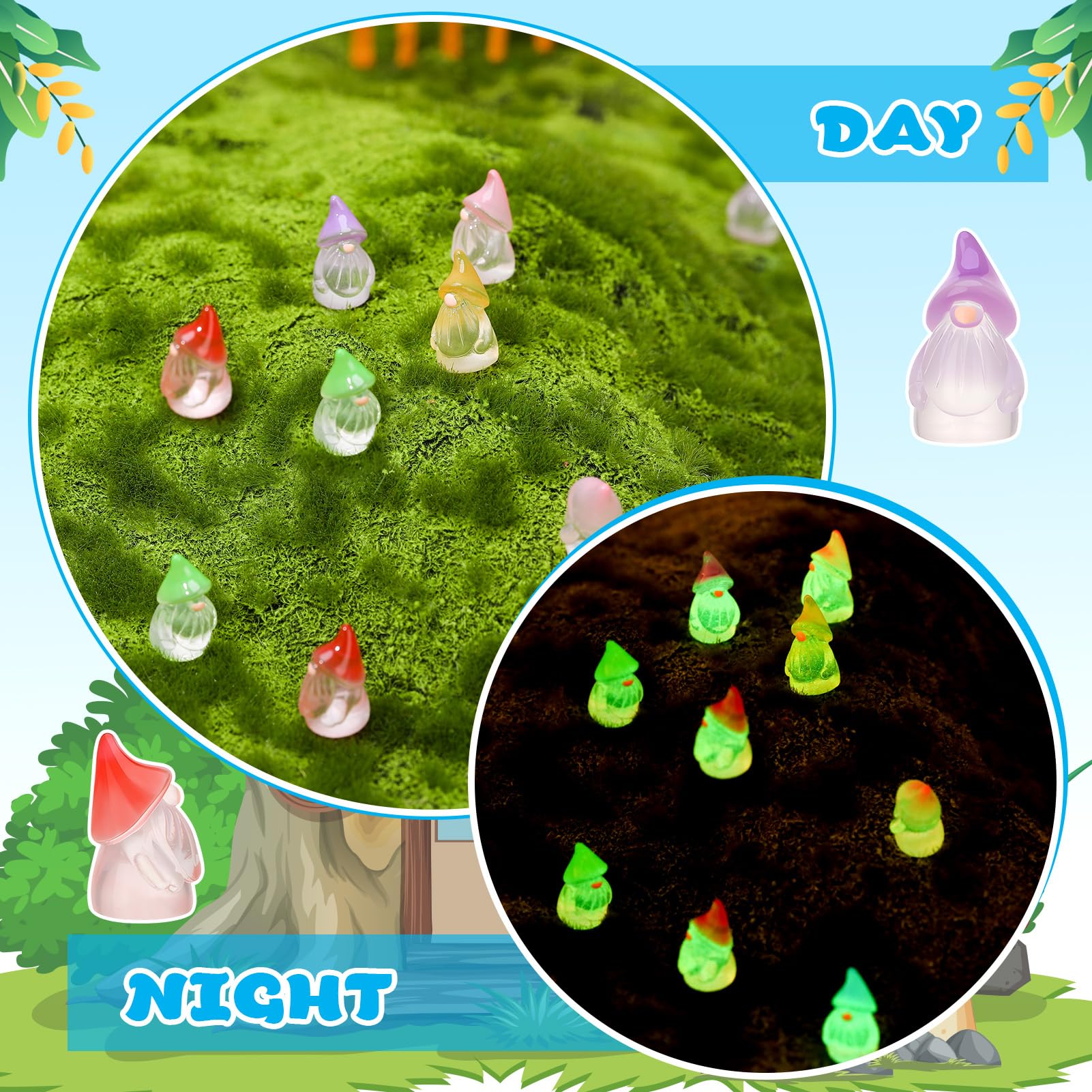 GGSTDDUP mini gnomes glow in the dark after sun exposure, creating atmosphere