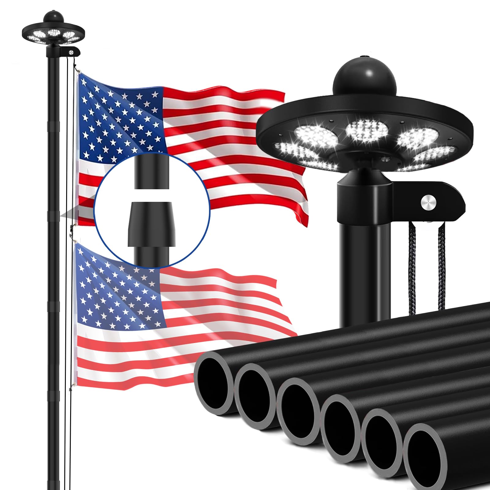 GHOSOONE heavy-duty flag pole 25ft with solar light for bright nighttime visibility.