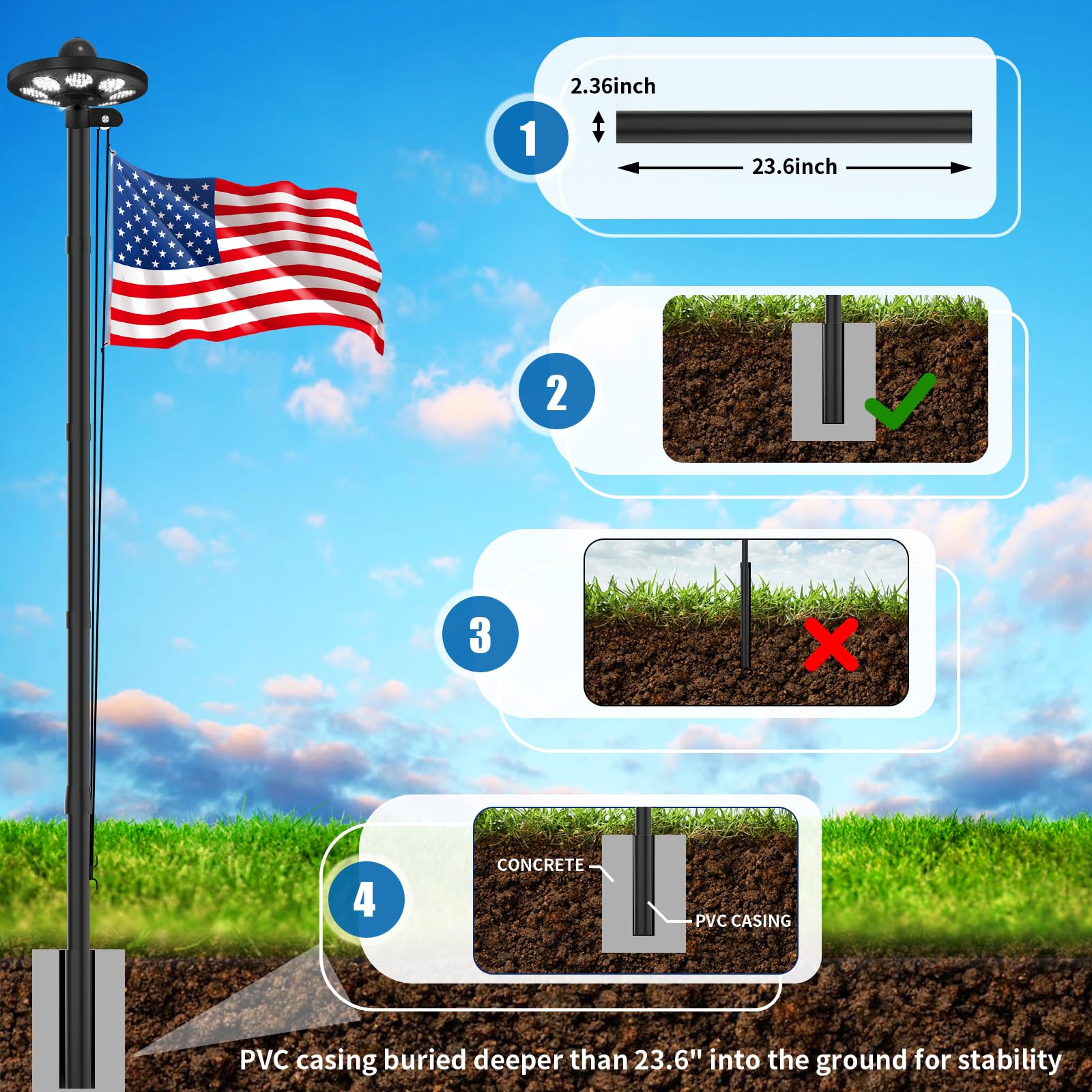 GHOSOONE tapered-top base helps distribute wind load for stability.