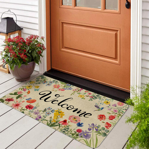 Ghroiep welcome mat with Hello Summer flowers enhances curb appeal at the front door.