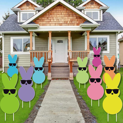 GHSJYO Front porch display of Easter bunny yard signs creates a welcoming look.