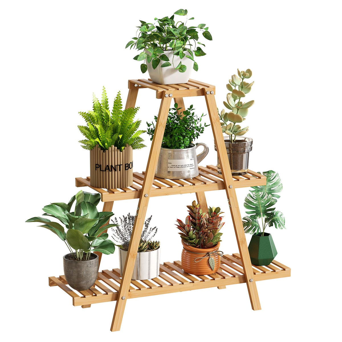 GHWIE 3-tier bamboo plant stand side view for space-saving living room display.