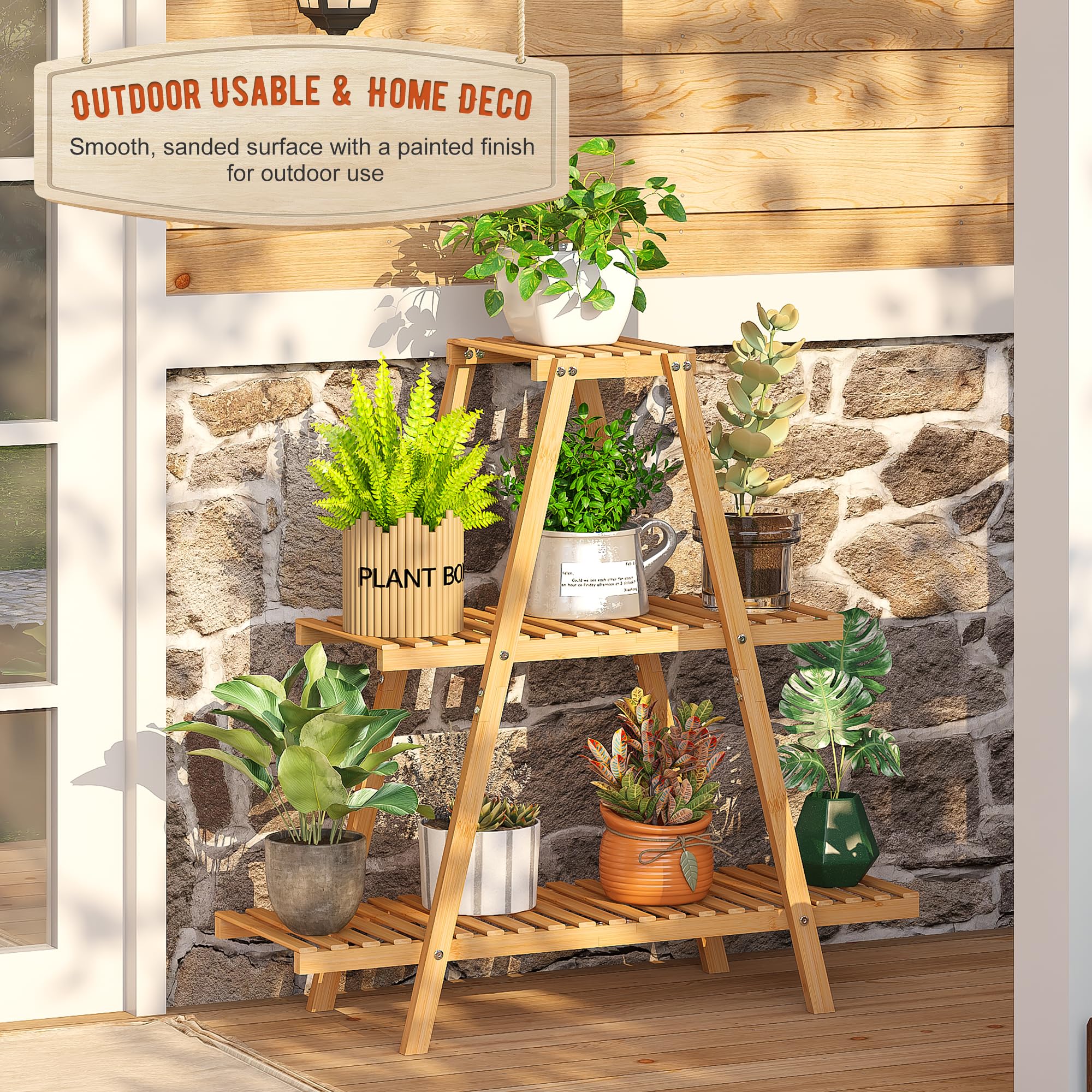 GHWIE outdoor bamboo plant rack on patio for garden-ready decor.
