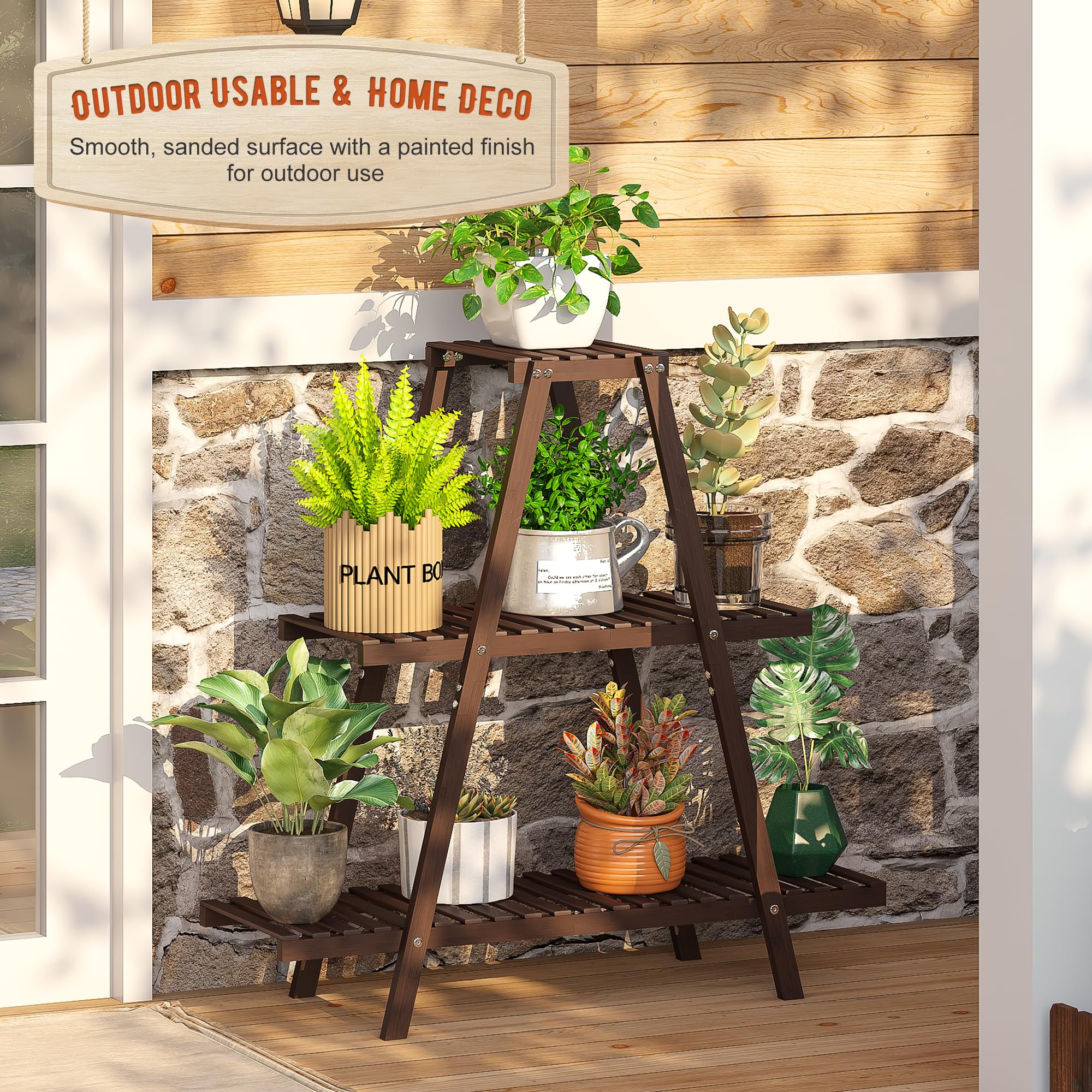 GHWIE outdoor plant stand in brown complements patio decor and saves space