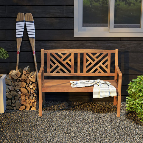Giantex bench with curved armrests offers comfortable outdoor seating.