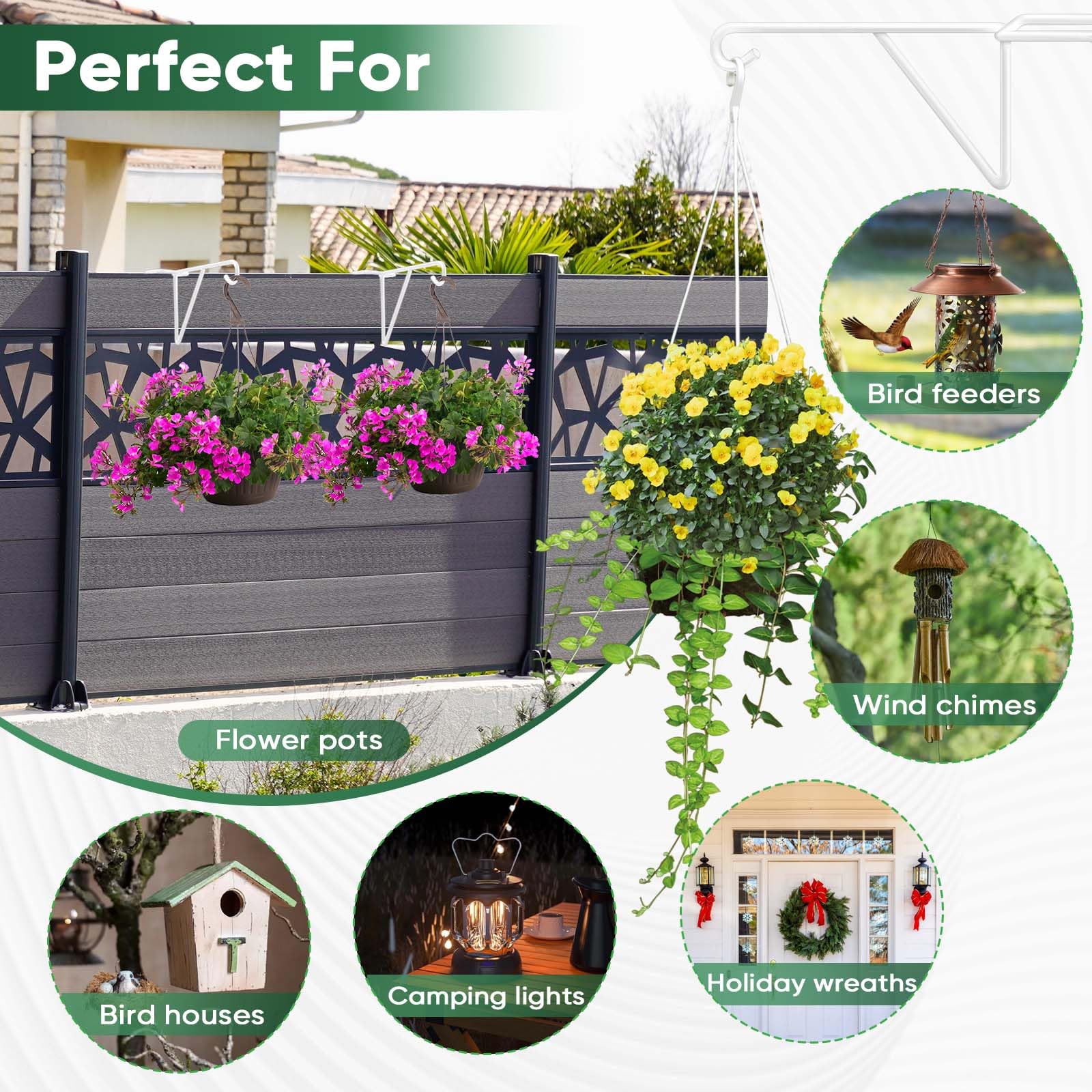 Gicare hooks used outdoors for pergola, lights, and bird feeders in a backyard.
