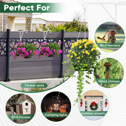 Gicare hooks used outdoors for pergola, lights, and bird feeders in a backyard.