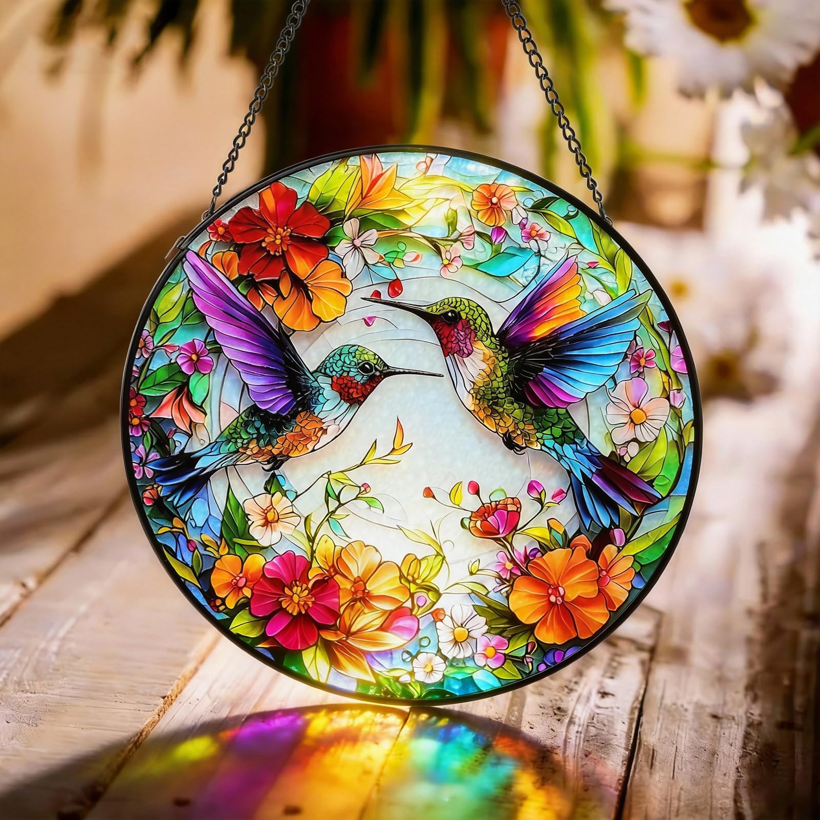 GICEY stained glass window decoration with hummingbird and flowers for a vibrant focal point.