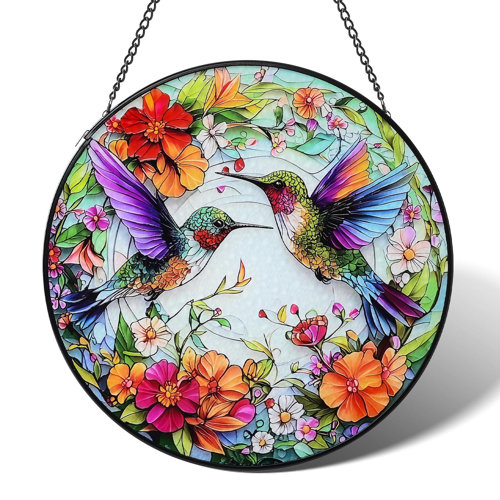 GICEY stained glass hummingbird sun catcher in green hues reflects sunlight beautifully.