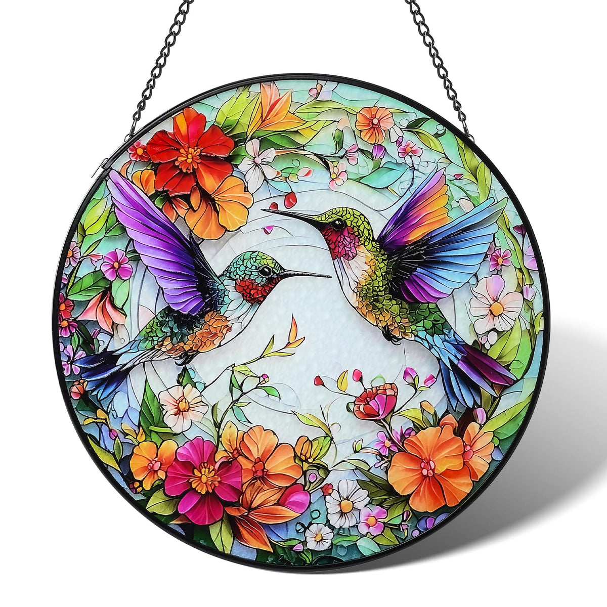 GICEY stained glass hummingbird sun catcher in green hues reflects sunlight beautifully.