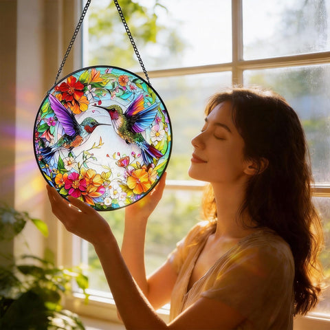 GICEY hummingbird stained glass art for windows adds colorful charm indoors.