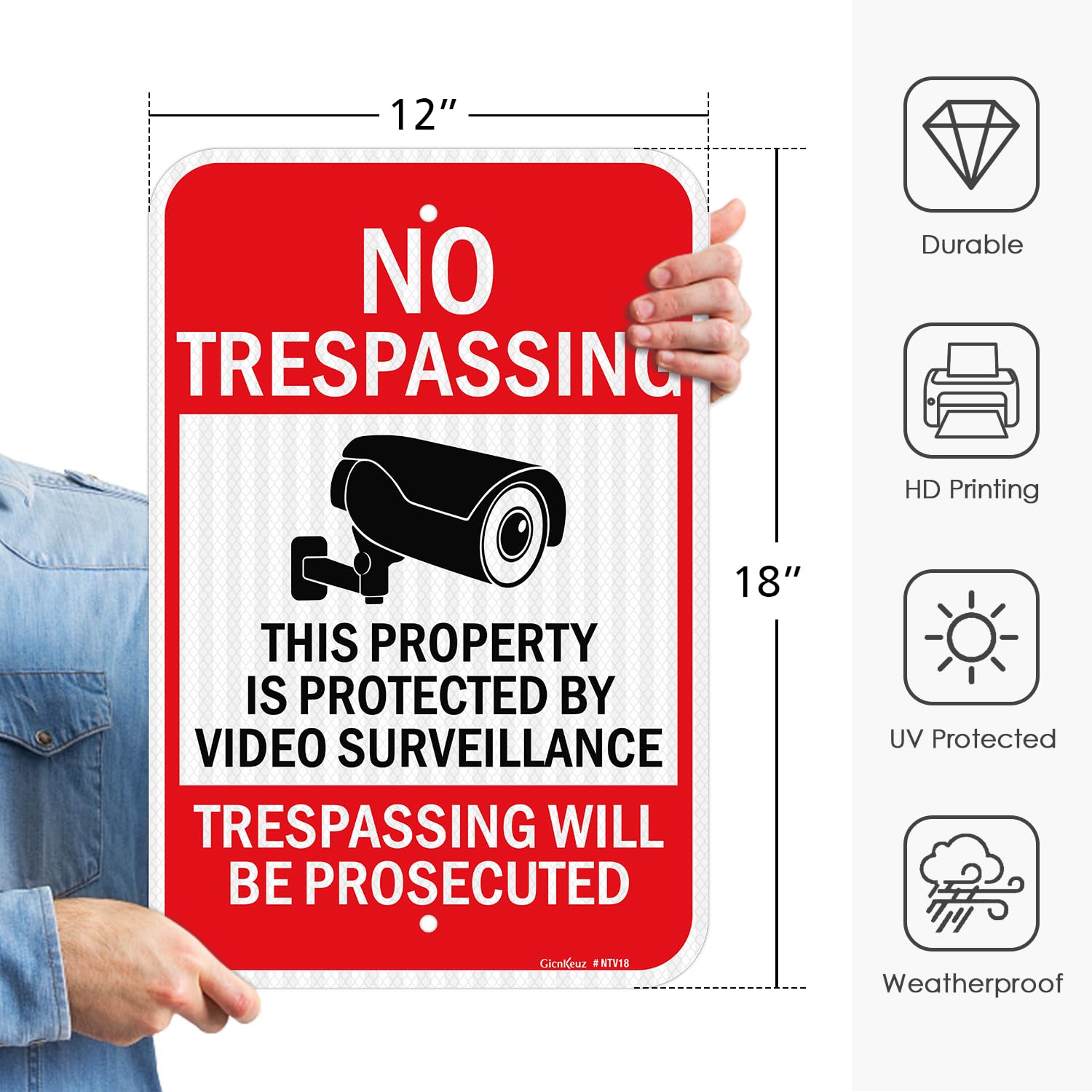 GicnKeuz Private Property sign 18x12 improves deterrence with reflective lettering.