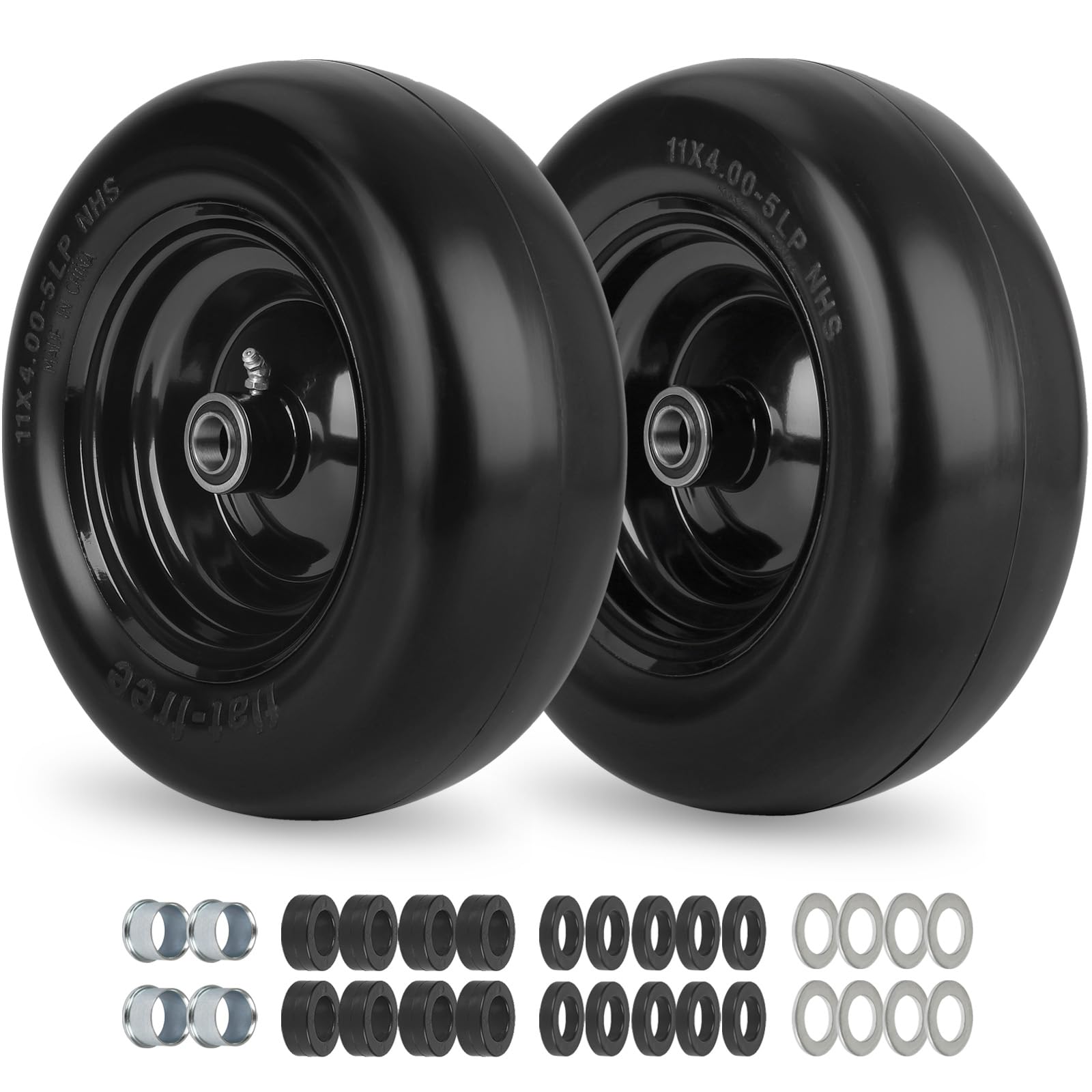 GICOOL 11x4-5 flat-free tire front view showing hub fit