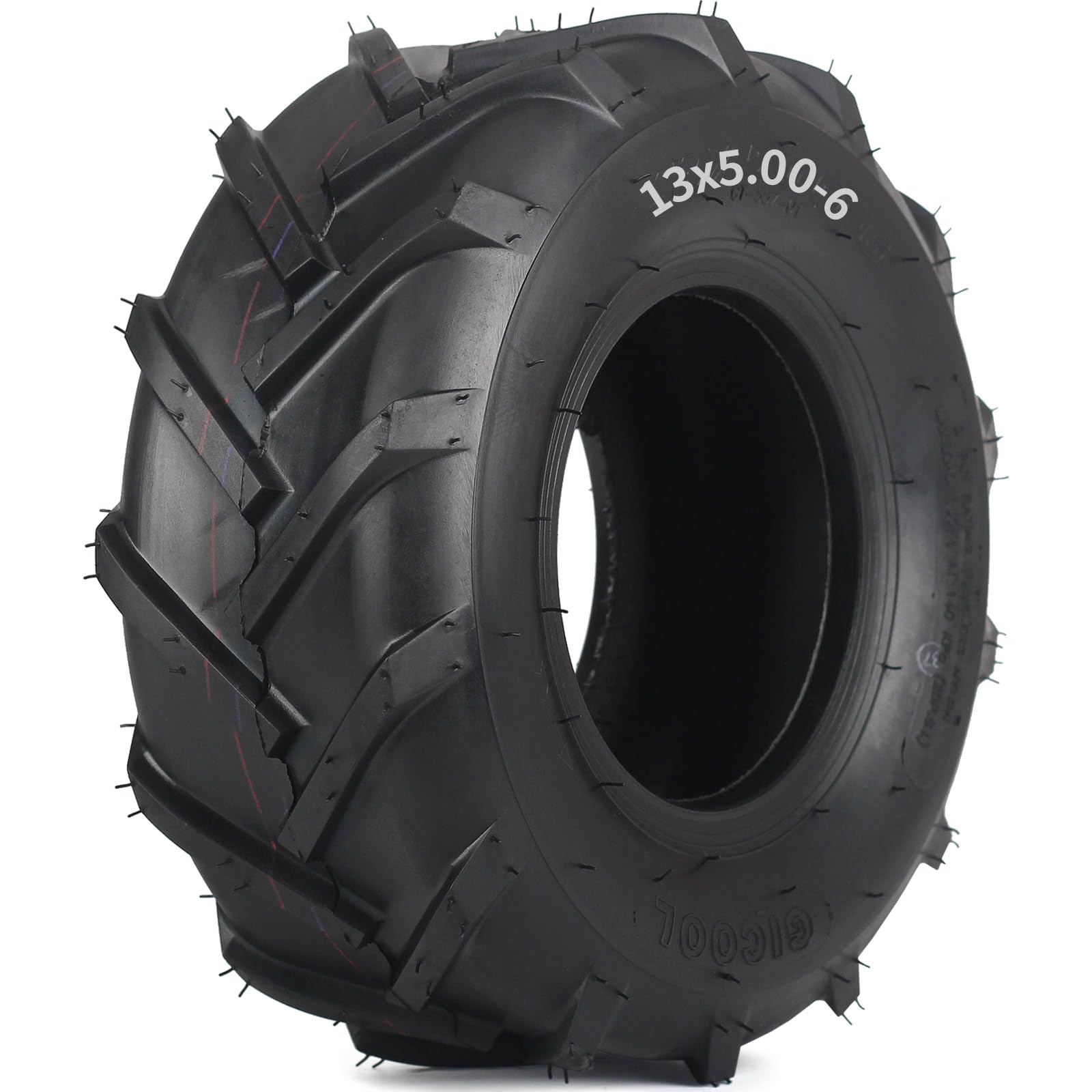 GICOOL 13x5-6 tiller tire side view highlighting rugged lug tread for lawn traction.