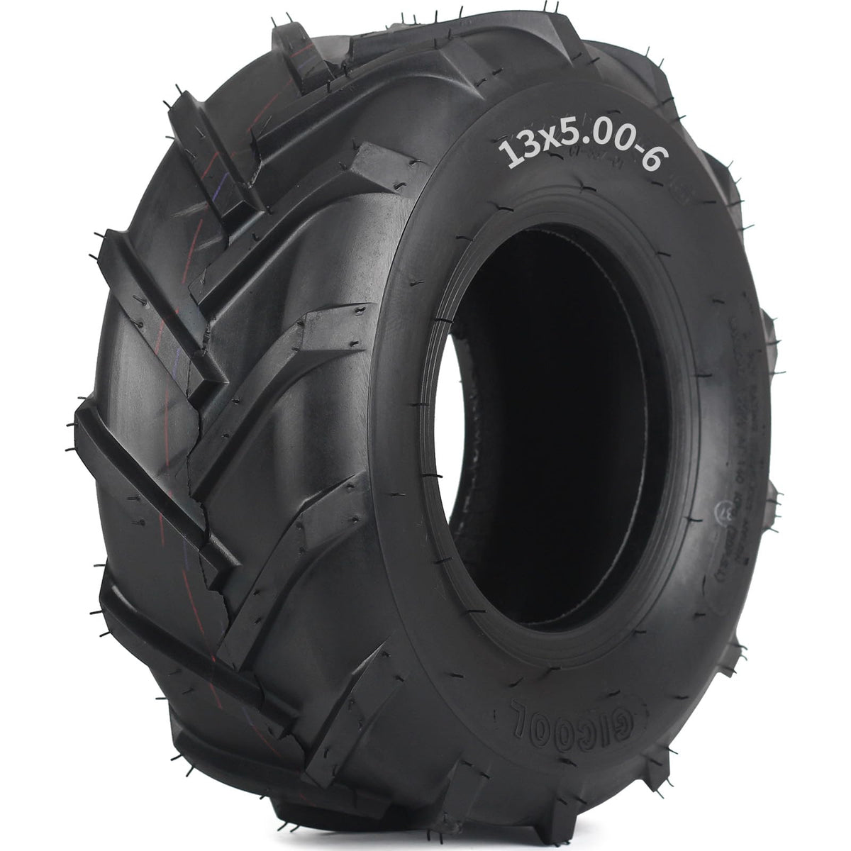 GICOOL 13x5-6 tiller tire side view highlighting rugged lug tread for lawn traction.
