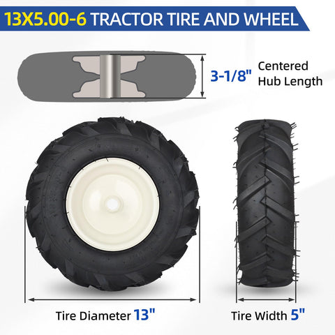 GICOOL 13x5-6 tiller tire tread detail shows sharp angles for traction