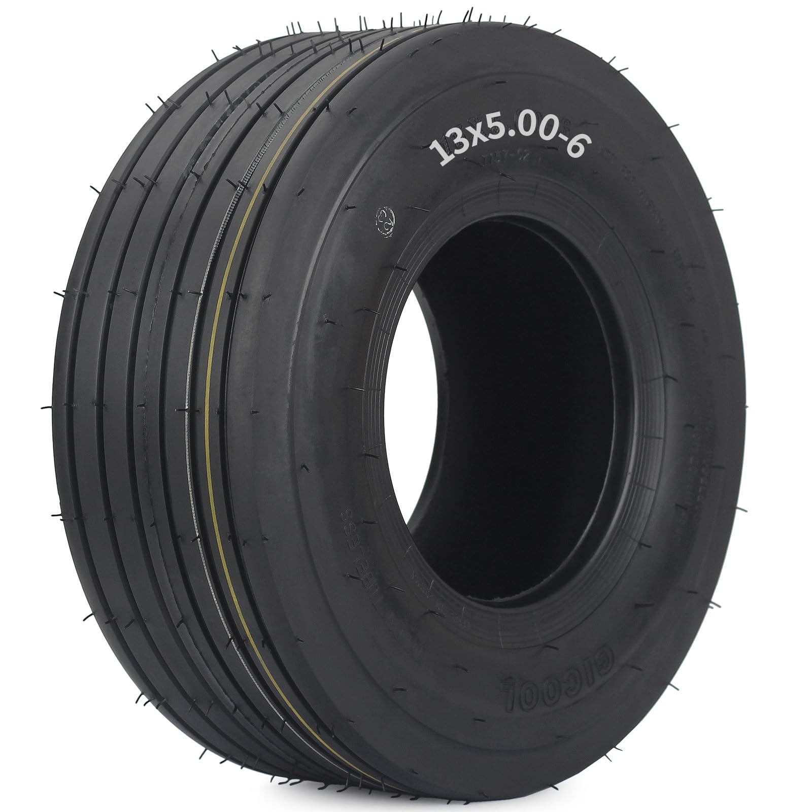 GICOOL 13x5.00-6 tubeless tire side view for lawn tractors, durable and lawn-friendly.