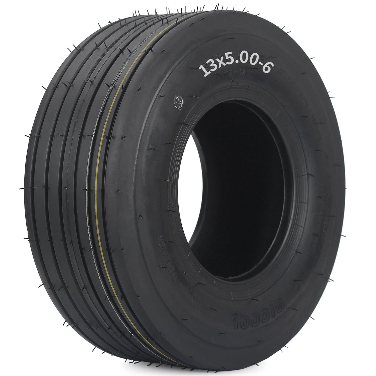 GICOOL 13x5.00-6 tubeless tire side view for lawn tractors, durable and lawn-friendly.