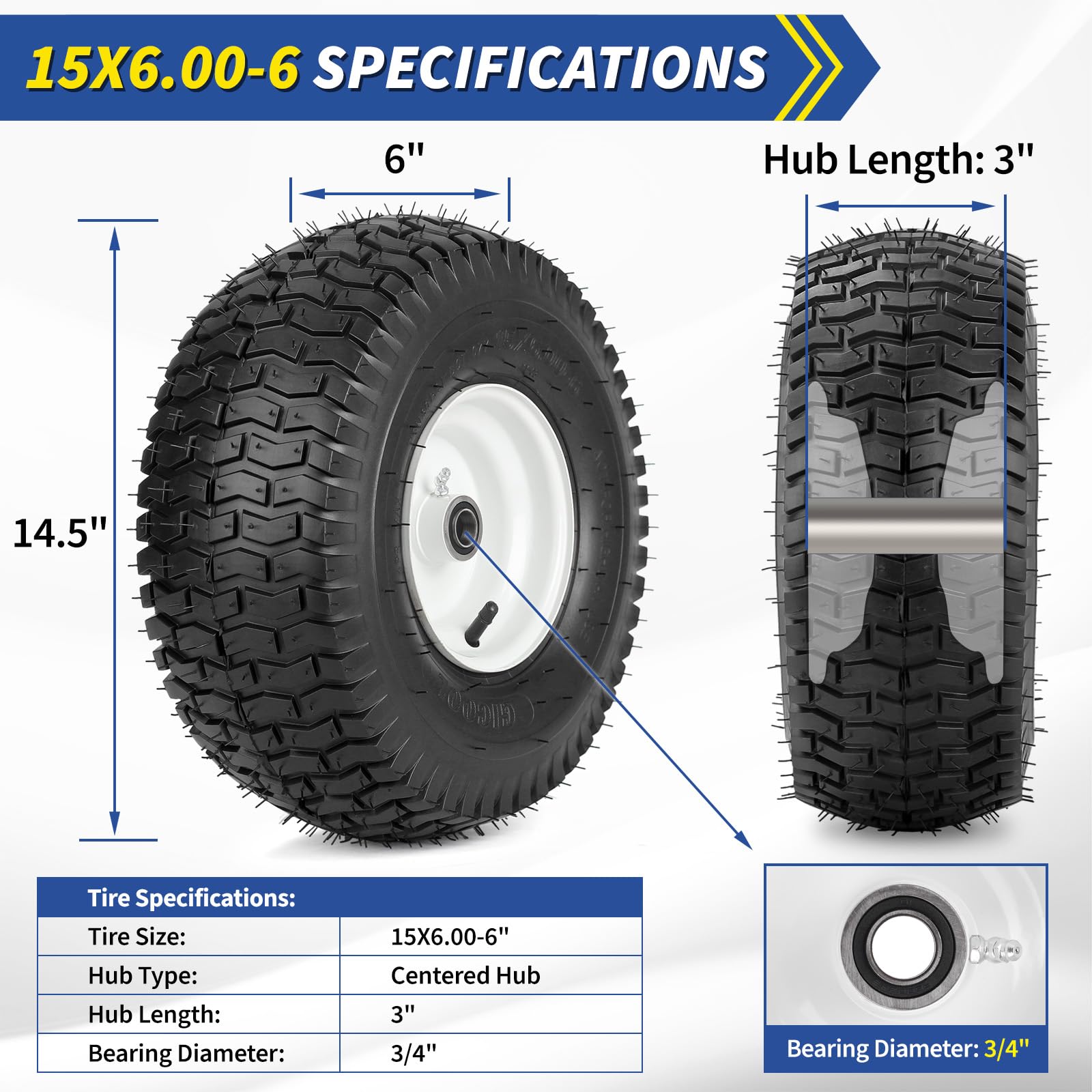 GICOOL 15x6-6 tire front view highlighting stability on grass.