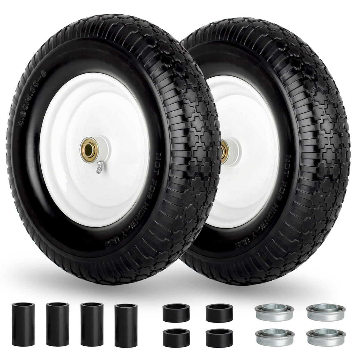 GICOOL 16-inch flat-free tire and wheel, front view for wheelbarrows with durable solid tread.