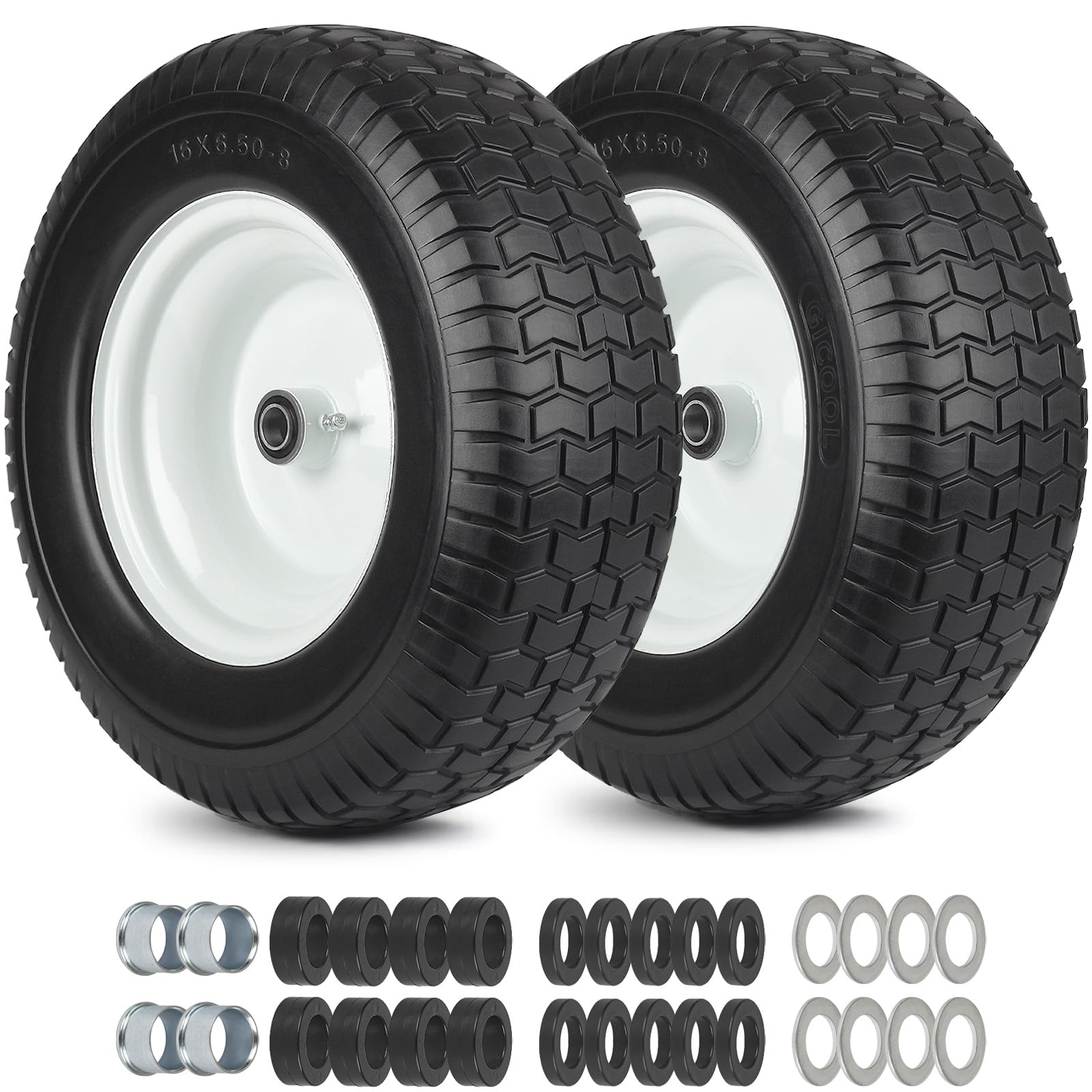 GICOOL 16x6.50-8 flat-free tire, side view, puncture-proof design for lawn care.