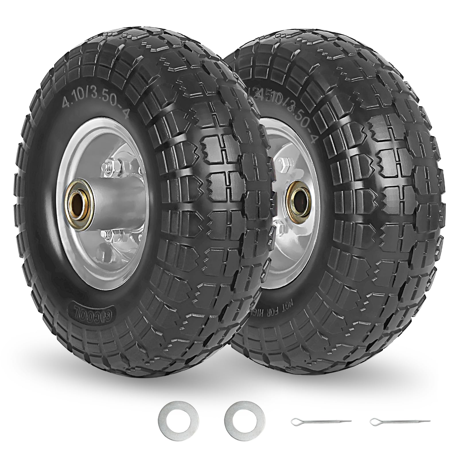 GICOOL 410-350-4 solid tire front view highlights puncture-resistant, inflate-free performance for carts