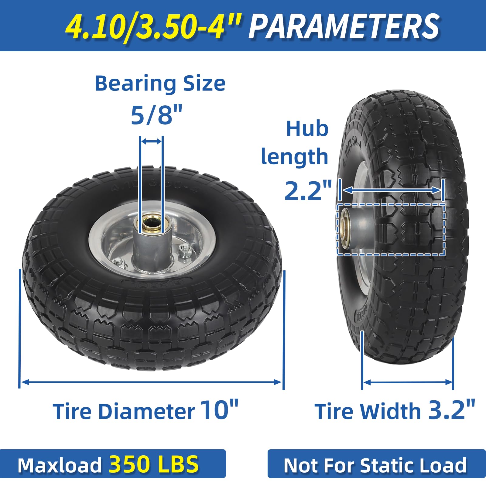 GICOOL 410-350-4 solid tire side view shows rugged design for garden carts and wagons